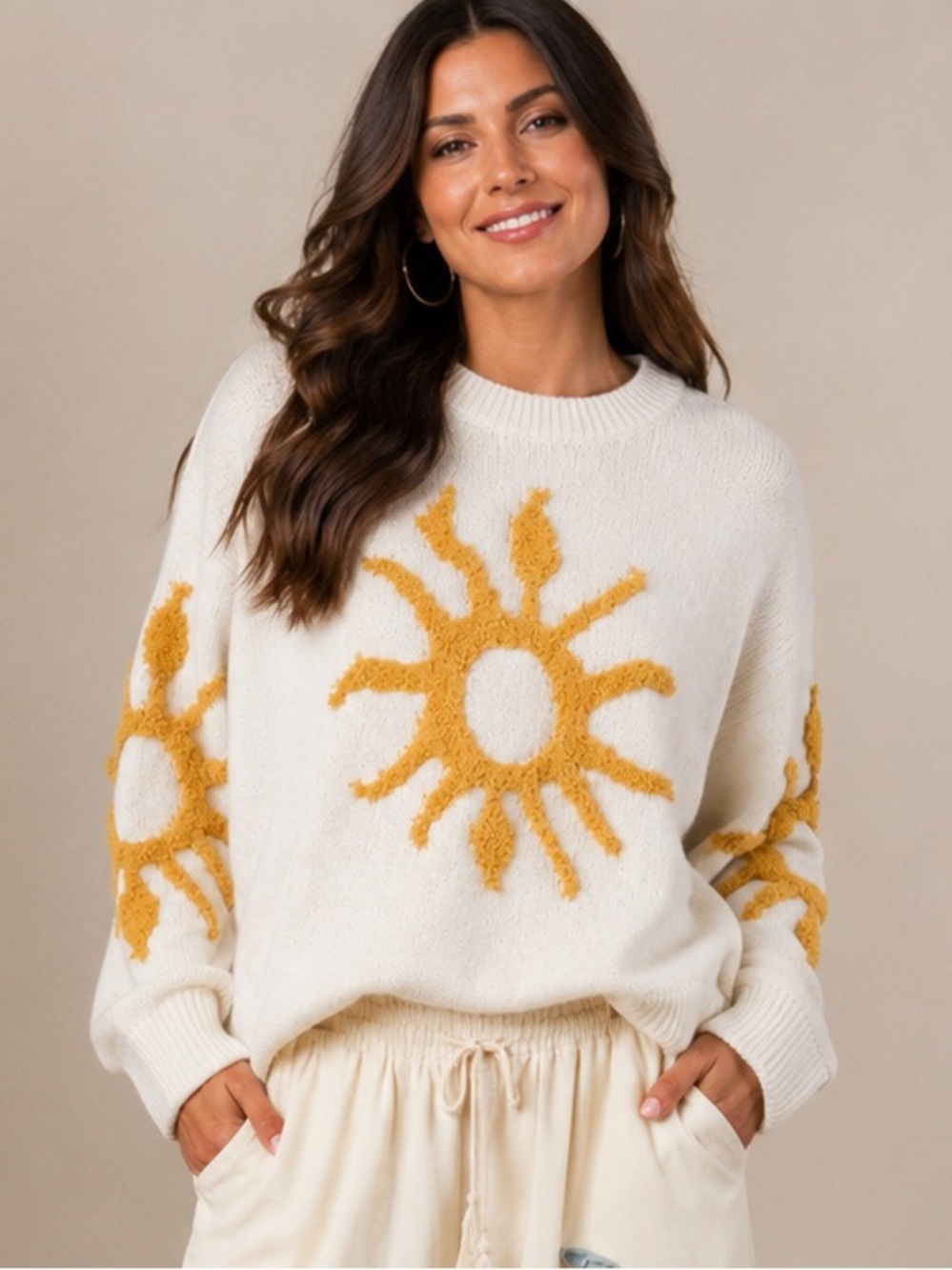 Cream Crewneck Sweater with Mustard Sun Graphic